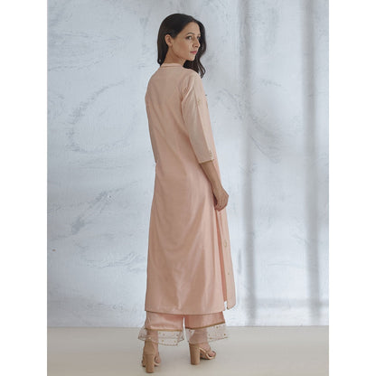 Mandira Wirk Peach Embroidered Kurta With Palazzo & Dupatta