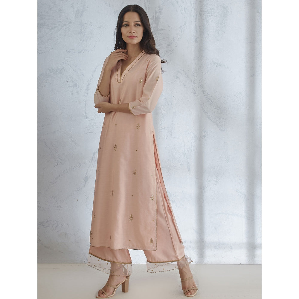 Mandira Wirk Peach Embroidered Kurta With Palazzo & Dupatta