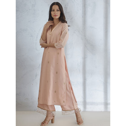 Mandira Wirk Peach Embroidered Kurta With Palazzo & Dupatta