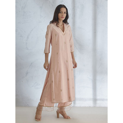 Mandira Wirk Peach Embroidered Kurta With Palazzo & Dupatta