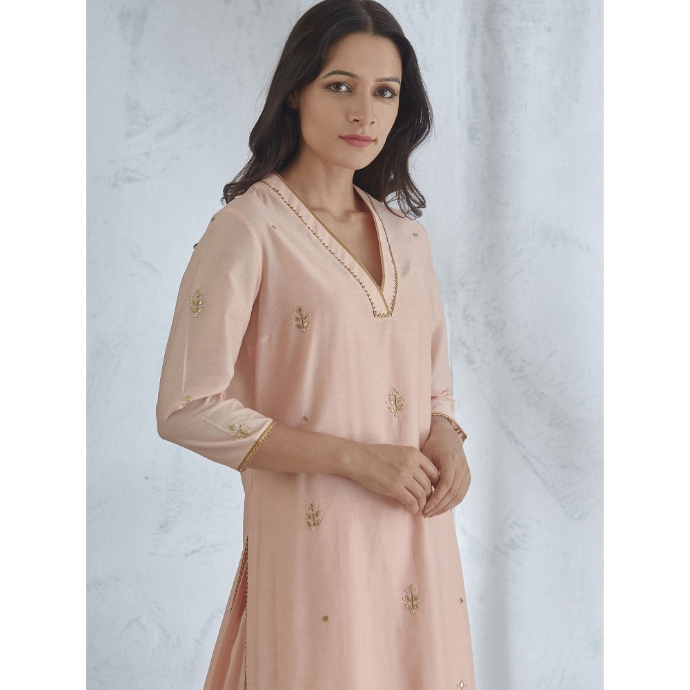 Mandira Wirk Peach Embroidered Kurta With Palazzo & Dupatta