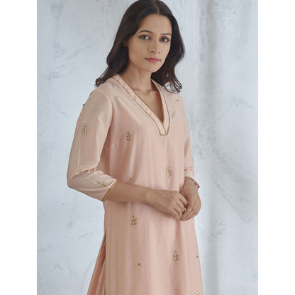 Mandira Wirk Peach Embroidered Kurta With Palazzo & Dupatta
