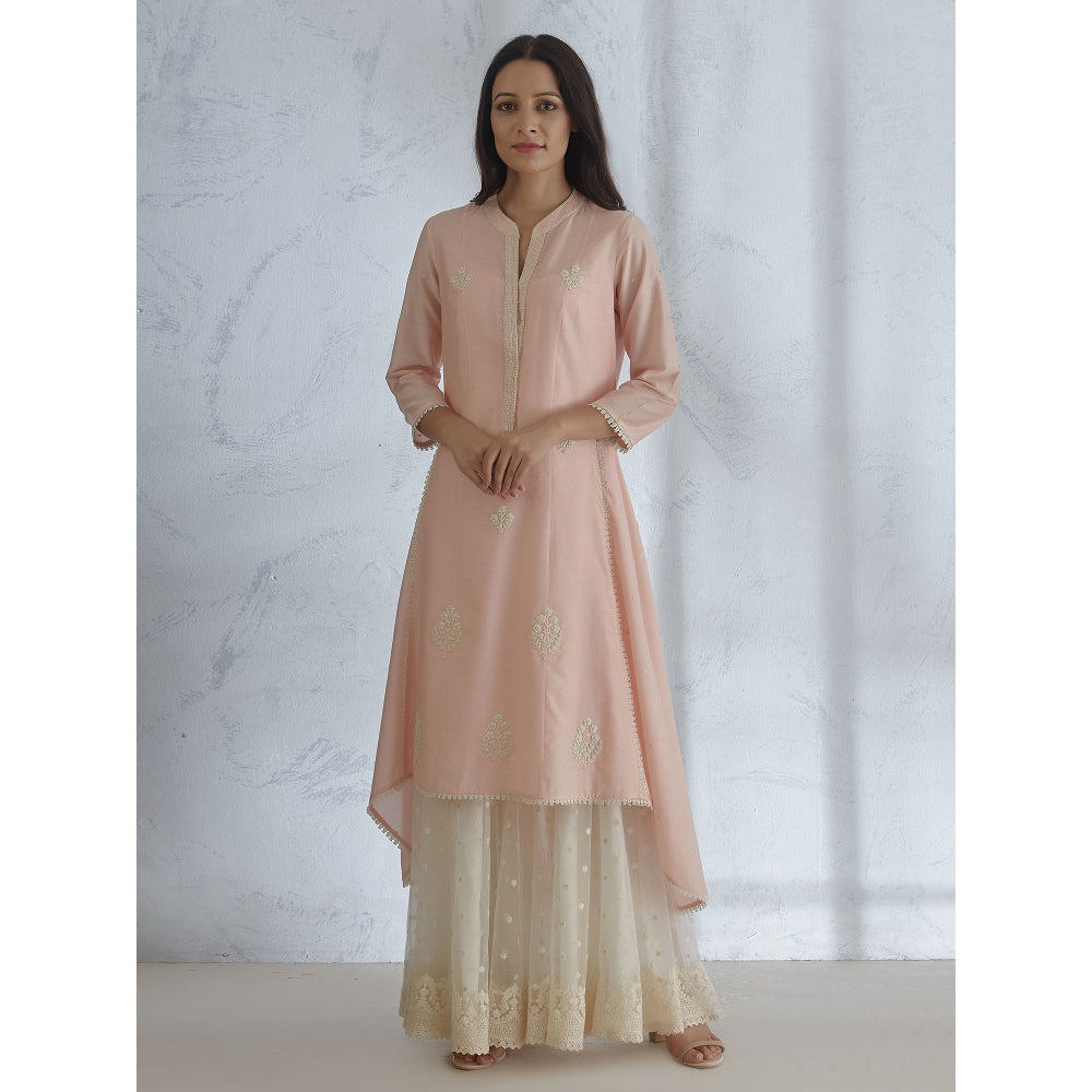 Mandira Wirk Peach Embroidered Kurta With Sharara And Scarf (Set of 3)