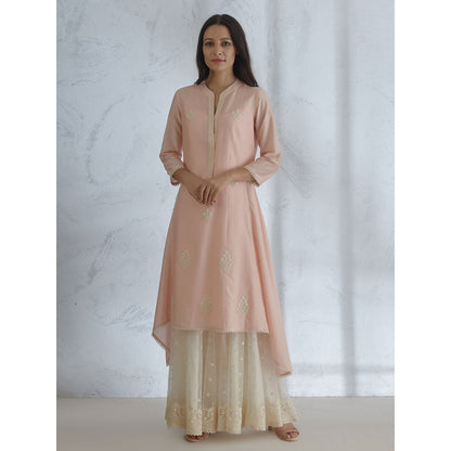 Mandira Wirk Peach Embroidered Kurta With Sharara And Scarf (Set of 3)
