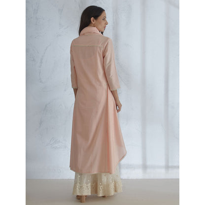 Mandira Wirk Peach Embroidered Kurta With Sharara And Scarf (Set of 3)