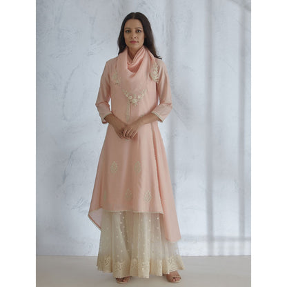 Mandira Wirk Peach Embroidered Kurta With Sharara And Scarf (Set of 3)