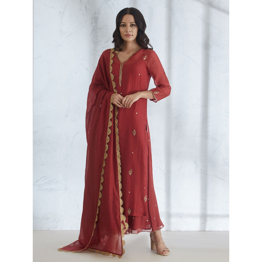 Mandira Wirk Wine Gota Embroidered Kurta Embellished Circular Palazzo & Dupatta (Set of 3)