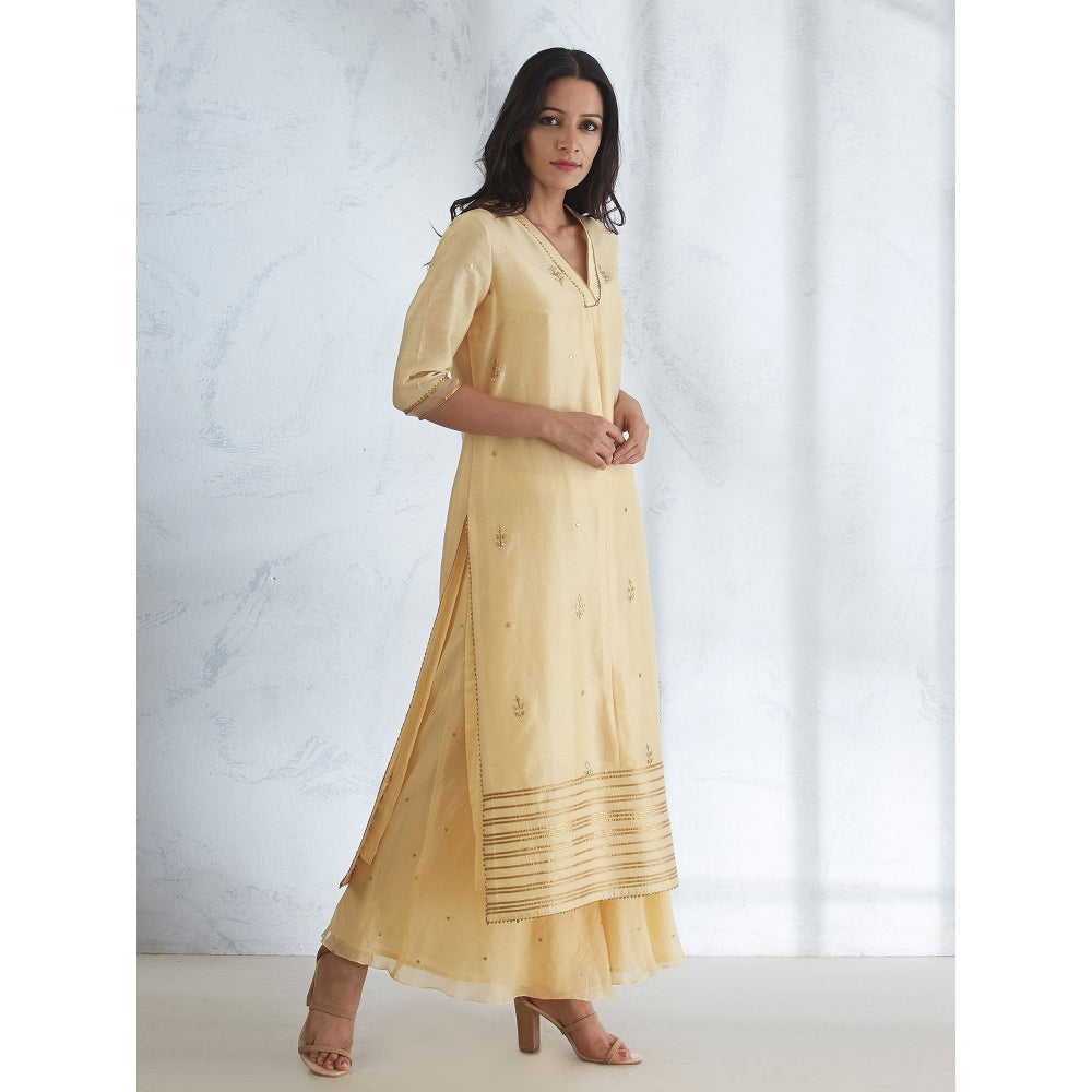 Mandira Wirk Pale Yellow Hand Embroidered Kurta With Sharara And Dupatta (Set of 3)
