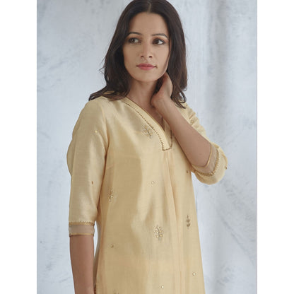 Mandira Wirk Pale Yellow Hand Embroidered Kurta With Sharara And Dupatta (Set of 3)