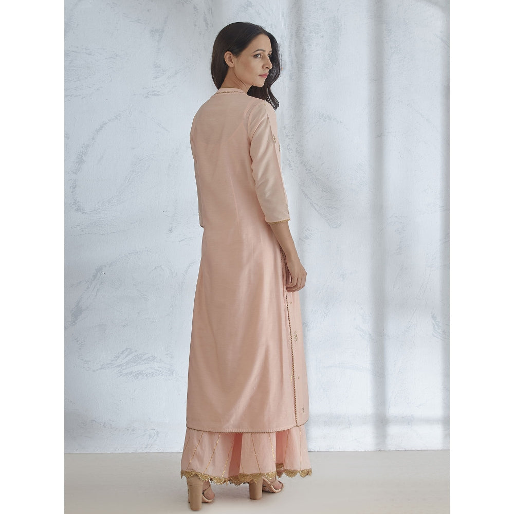 Mandira Wirk Peach Embroidered Kurta With Palazzo & Dupatta