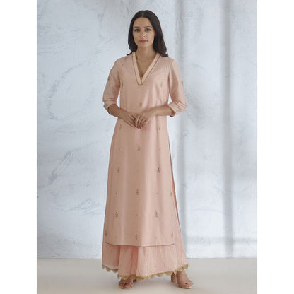 Mandira Wirk Peach Embroidered Kurta With Palazzo & Dupatta