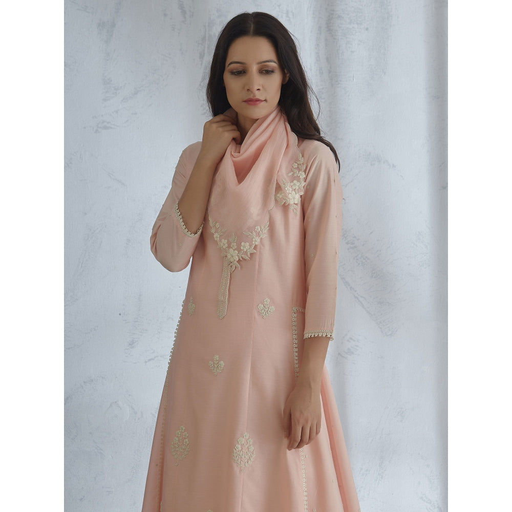 Mandira Wirk Peach Embroidered Kurta With Sharara And Scarf (Set of 3)