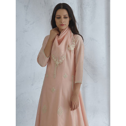Mandira Wirk Peach Embroidered Kurta With Sharara And Scarf (Set of 3)