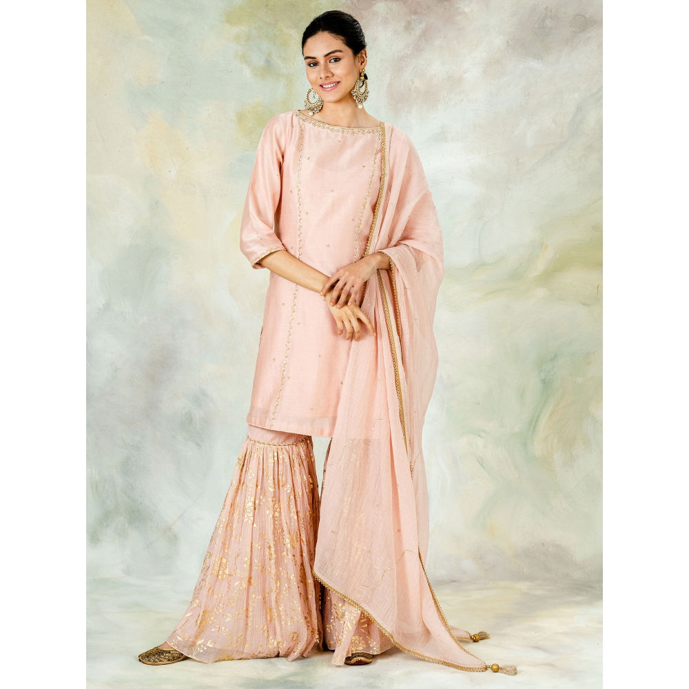 Mandira Wirk Peach Sequin Embellished Kurta With Foil Print Garara And Dupatta (Set of 3)