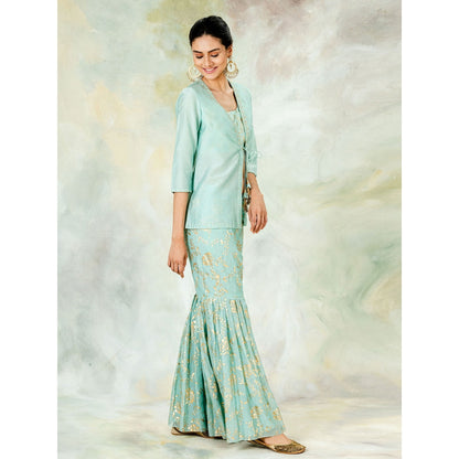 Mandira Wirk Aqua Hand Embellished Jacket With Foil Printed Blouse Garara (Set of 3)
