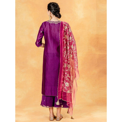 Mandira Wirk Purple Embellished Kurta With Palazzo And Organza Dupatta (Set of 3)