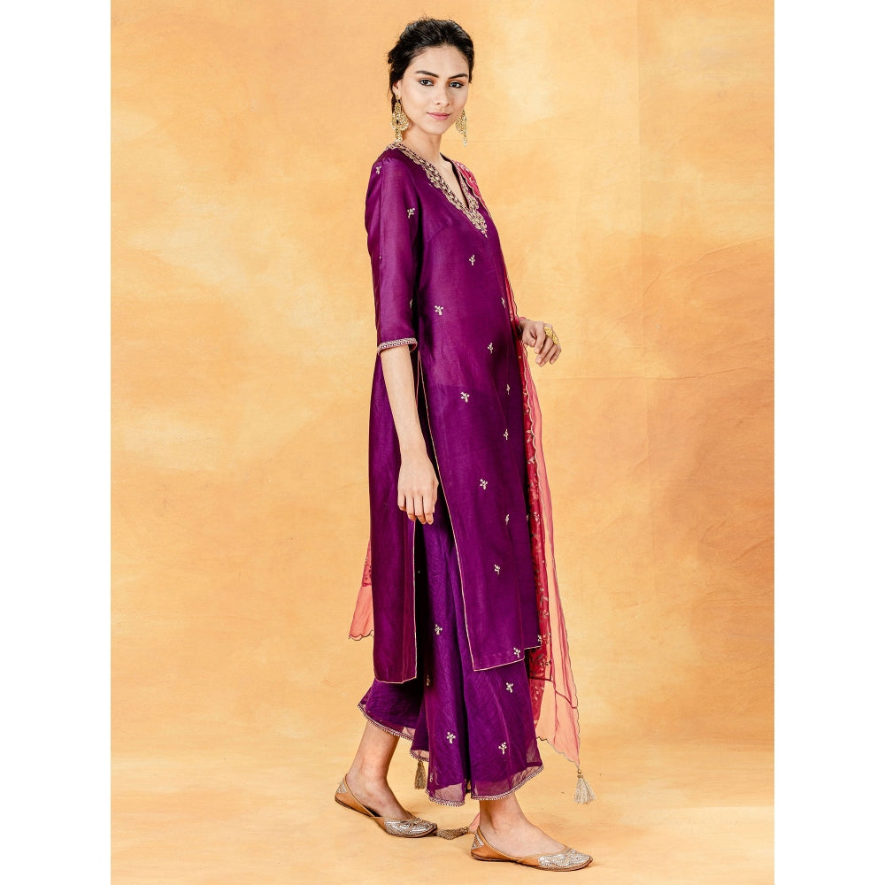 Mandira Wirk Purple Embellished Kurta With Palazzo And Organza Dupatta (Set of 3)