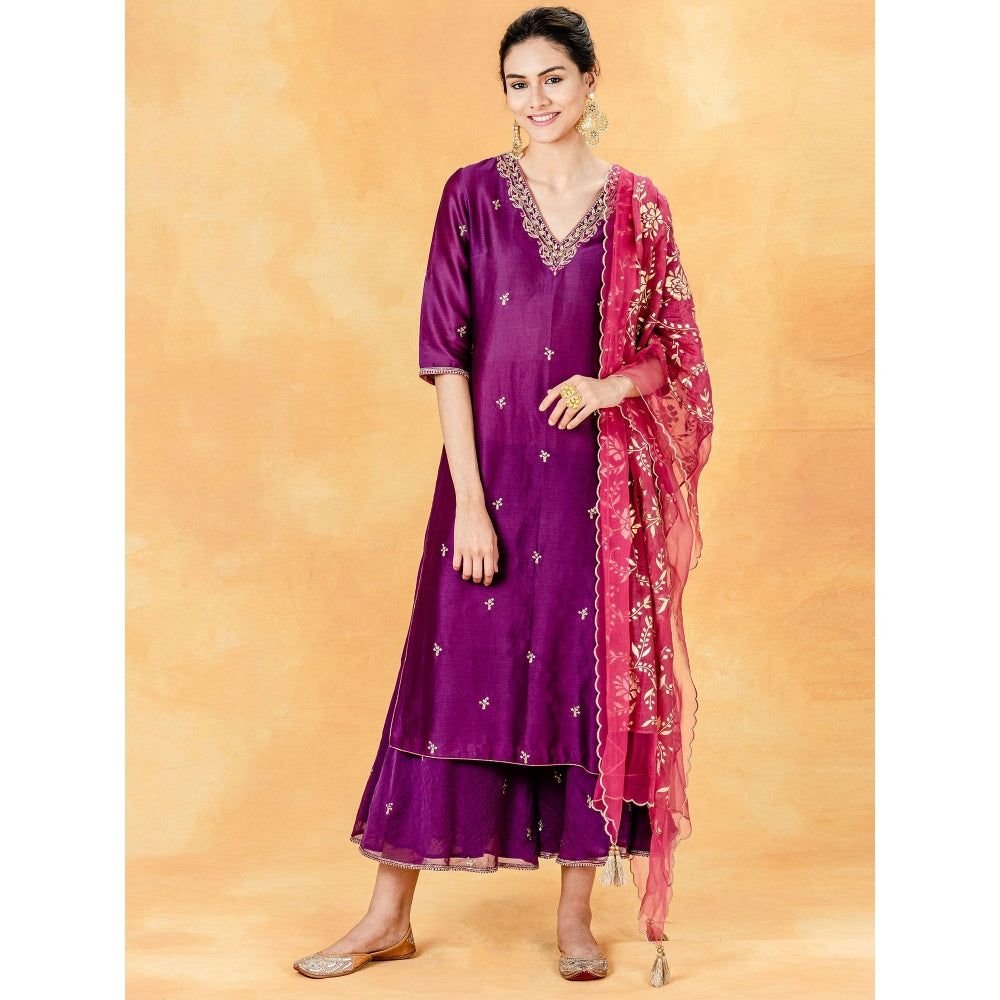 Mandira Wirk Purple Embellished Kurta With Palazzo And Organza Dupatta (Set of 3)