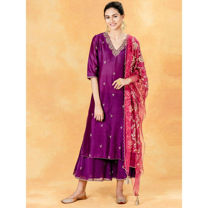 Mandira Wirk Purple Embellished Kurta With Palazzo And Organza Dupatta (Set of 3)