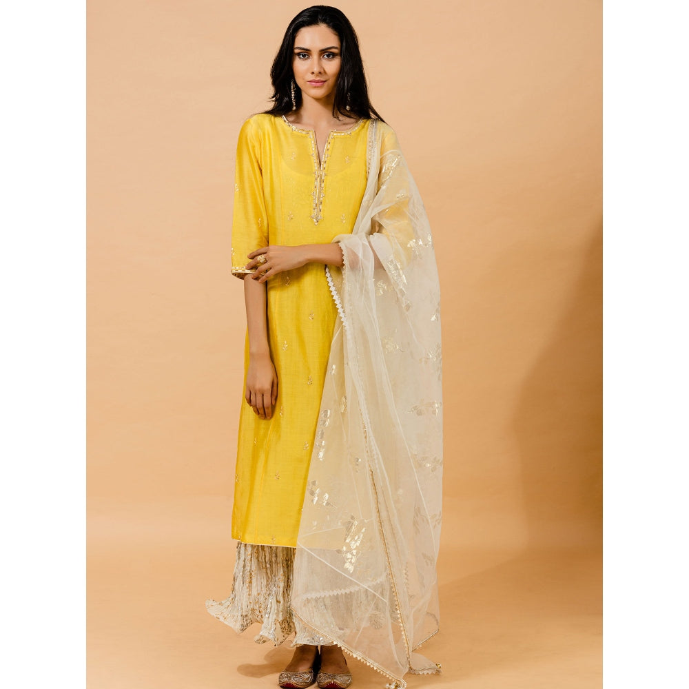 Mandira Wirk Yellow Hand Embroidered Kurta With Foil Printed Inner Dress & Dupatta (Set of 3)