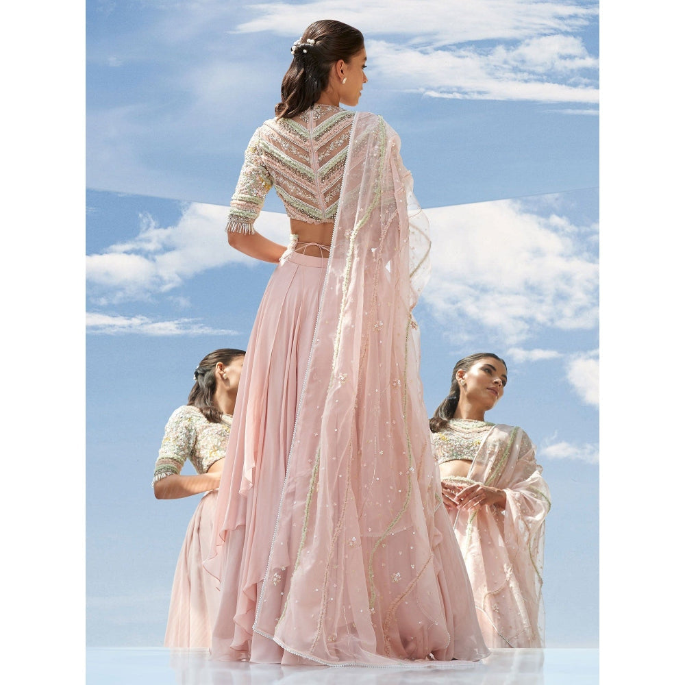Mandira Wirk Peach Valley Of Flower Embroidered Valley Skirt With Kurta & Dupatta (Set of 3)