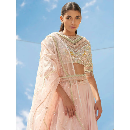 Mandira Wirk Peach Valley Of Flower Embroidered Valley Skirt With Kurta & Dupatta (Set of 3)