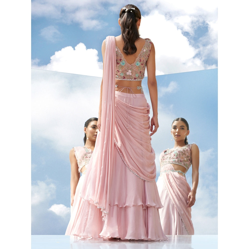 Mandira Wirk Pink Eden Embroidered Tier Drape Saree Stitched Blouse With Dupatta (Set of 3)
