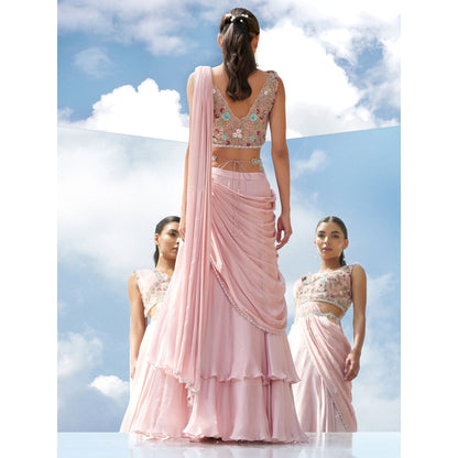 Mandira Wirk Pink Eden Embroidered Tier Drape Saree Stitched Blouse With Dupatta (Set of 3)