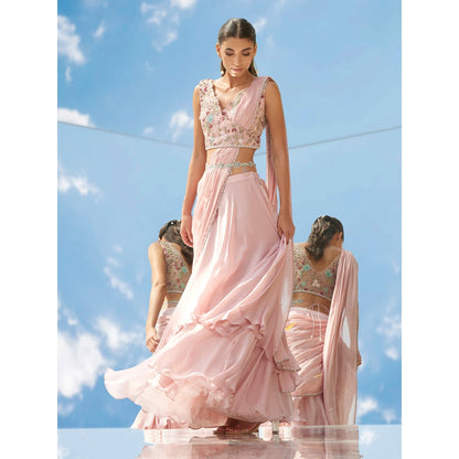Mandira Wirk Pink Eden Embroidered Tier Drape Saree Stitched Blouse With Dupatta (Set of 3)