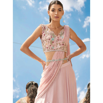 Mandira Wirk Pink Eden Embroidered Tier Drape Saree Stitched Blouse With Dupatta (Set of 3)