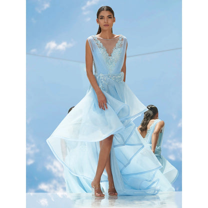 Mandira Wirk Blue Falling Leaves-Flora Embroidered Gown