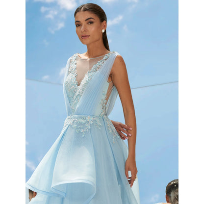 Mandira Wirk Blue Falling Leaves-Flora Embroidered Gown