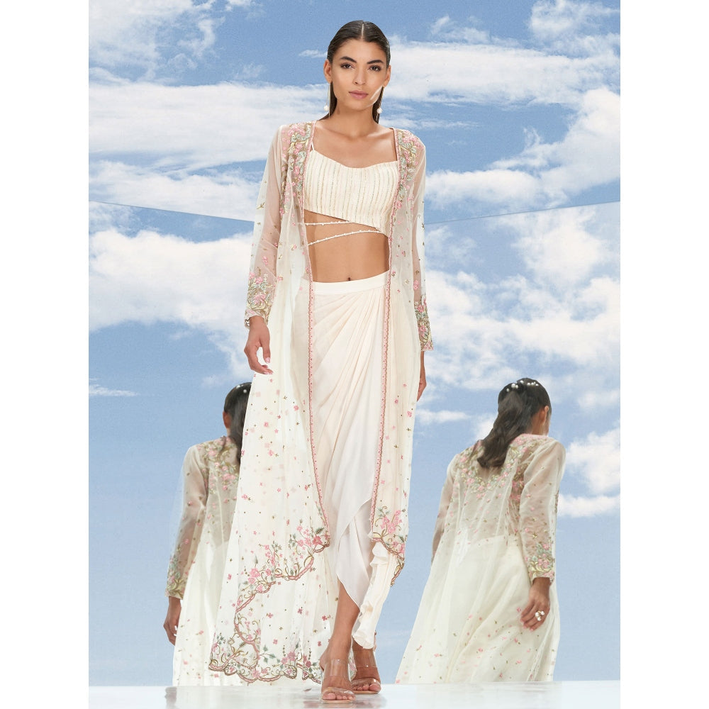 Mandira Wirk Apsara Ivory Embroidered Jacket With Bustier & Skirt (Set of 3)