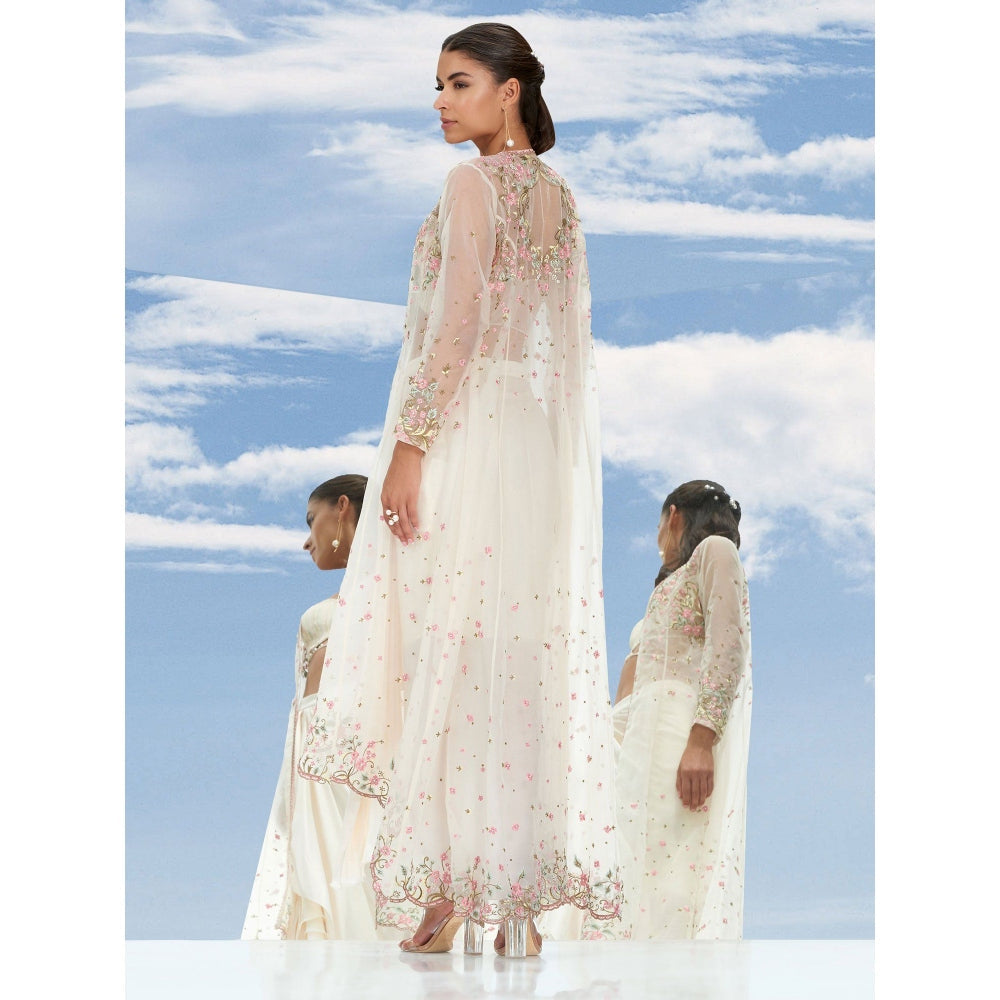 Mandira Wirk Apsara Ivory Embroidered Jacket With Bustier & Skirt (Set of 3)
