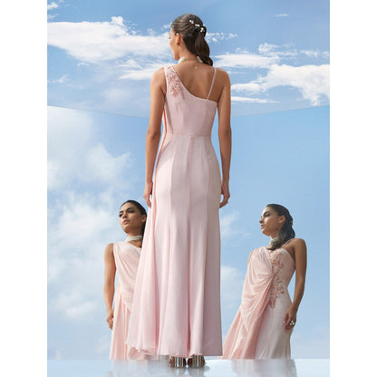 Mandira Wirk Tonal Tune-Desire Embroidered Peach Drape Gown