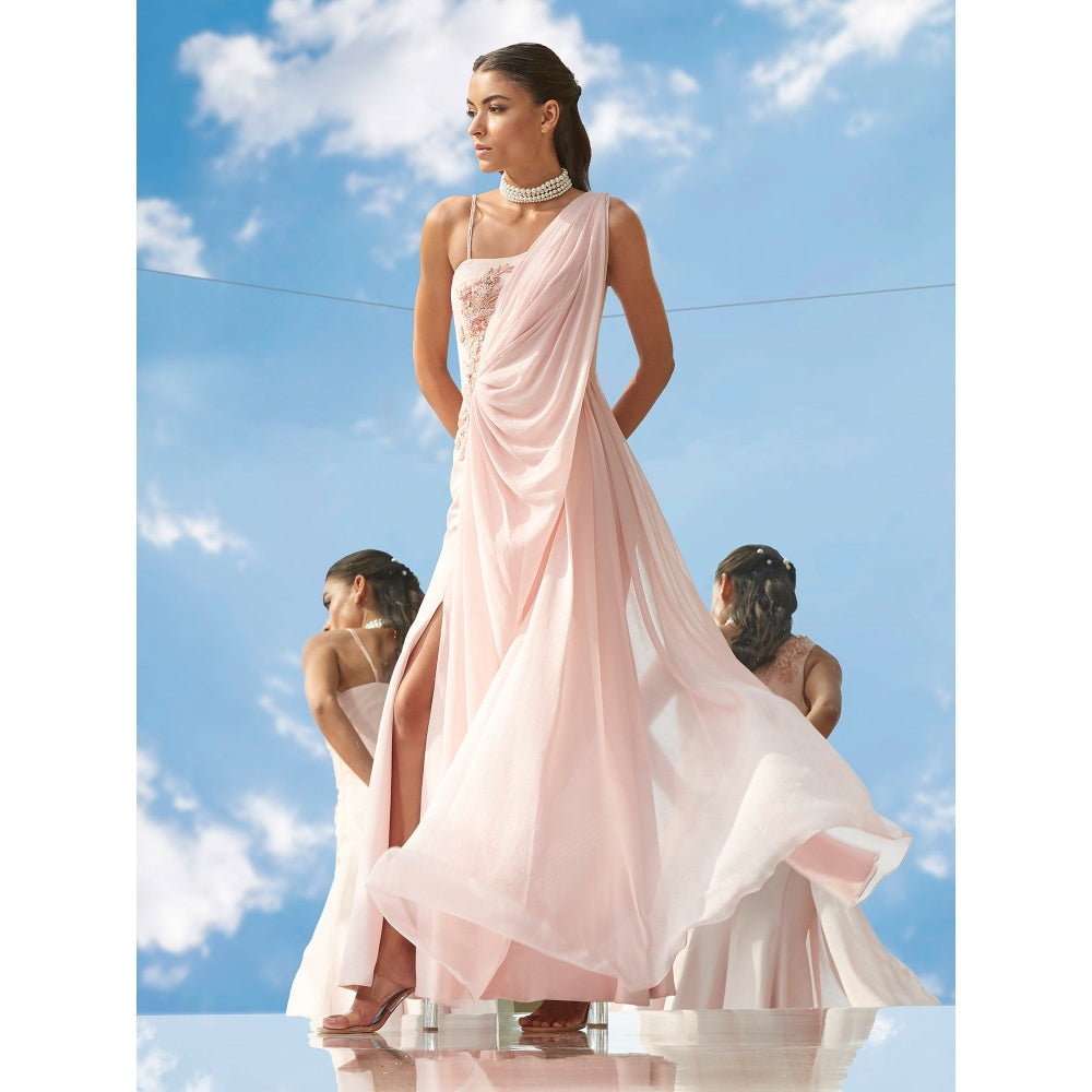 Mandira Wirk Tonal Tune-Desire Embroidered Peach Drape Gown