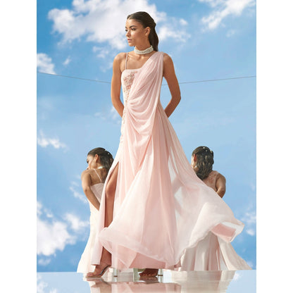 Mandira Wirk Tonal Tune-Desire Embroidered Peach Drape Gown