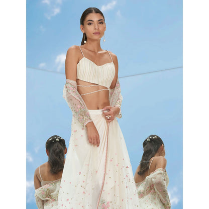 Mandira Wirk Apsara Ivory Embroidered Jacket With Bustier & Pant (Set of 3)