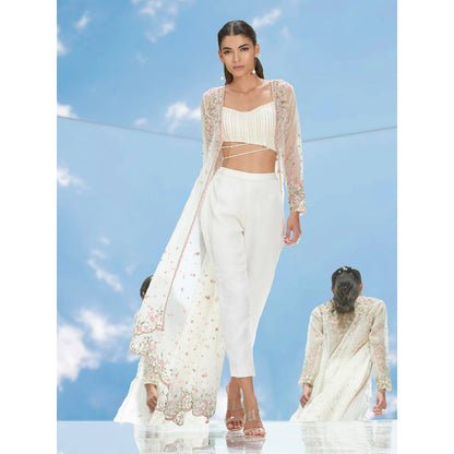 Mandira Wirk Apsara Ivory Embroidered Jacket With Bustier & Pant (Set of 3)