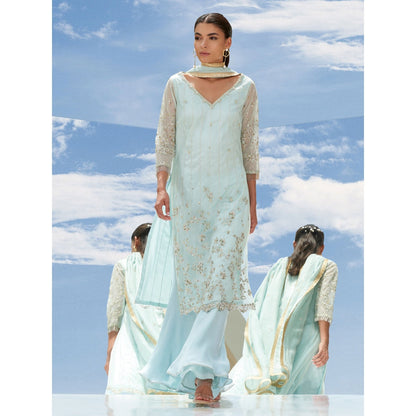 Mandira Wirk Green Metallic Garden Embroidered Tulle Kurta With Pant & Dupatta (Set of 3)