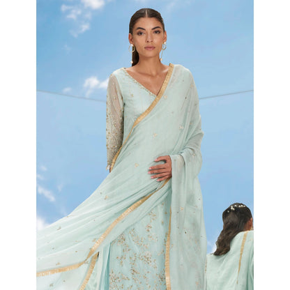 Mandira Wirk Green Metallic Garden Embroidered Tulle Kurta With Pant & Dupatta (Set of 3)