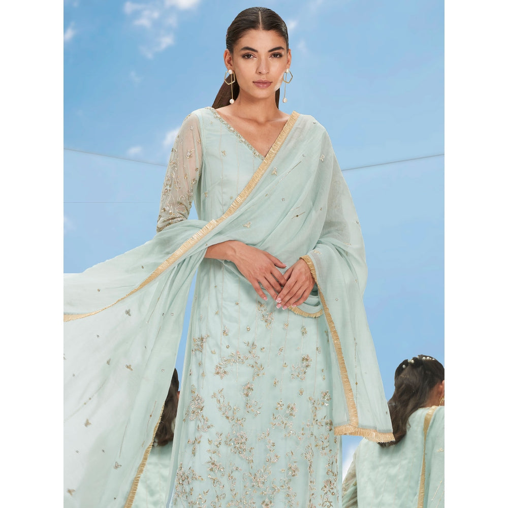 Mandira Wirk Green Metallic Garden Embroidered Tulle Kurta With Pant & Dupatta (Set of 3)