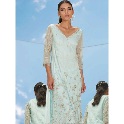 Mandira Wirk Green Metallic Garden Embroidered Tulle Kurta With Pant & Dupatta (Set of 3)