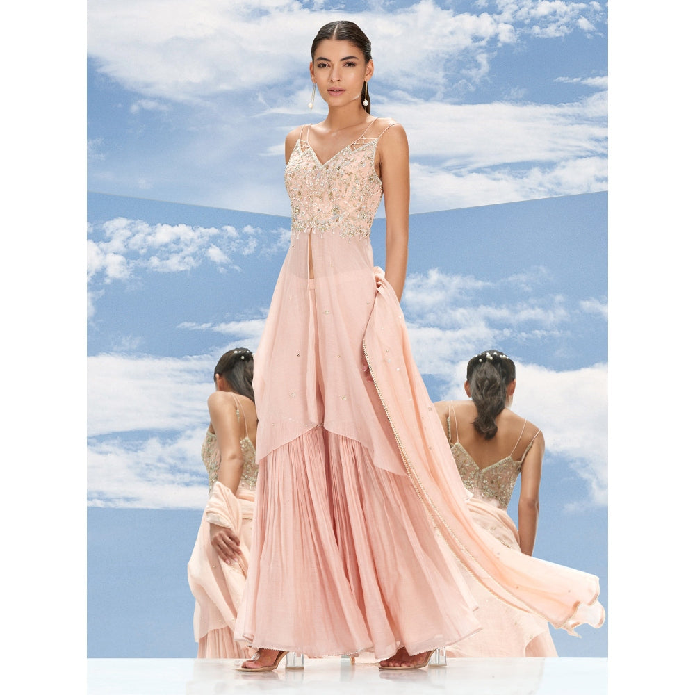 Mandira Wirk Peach Metallic Fantasy Embroidered Tunic And Garara With Dupatta (Set of 3)