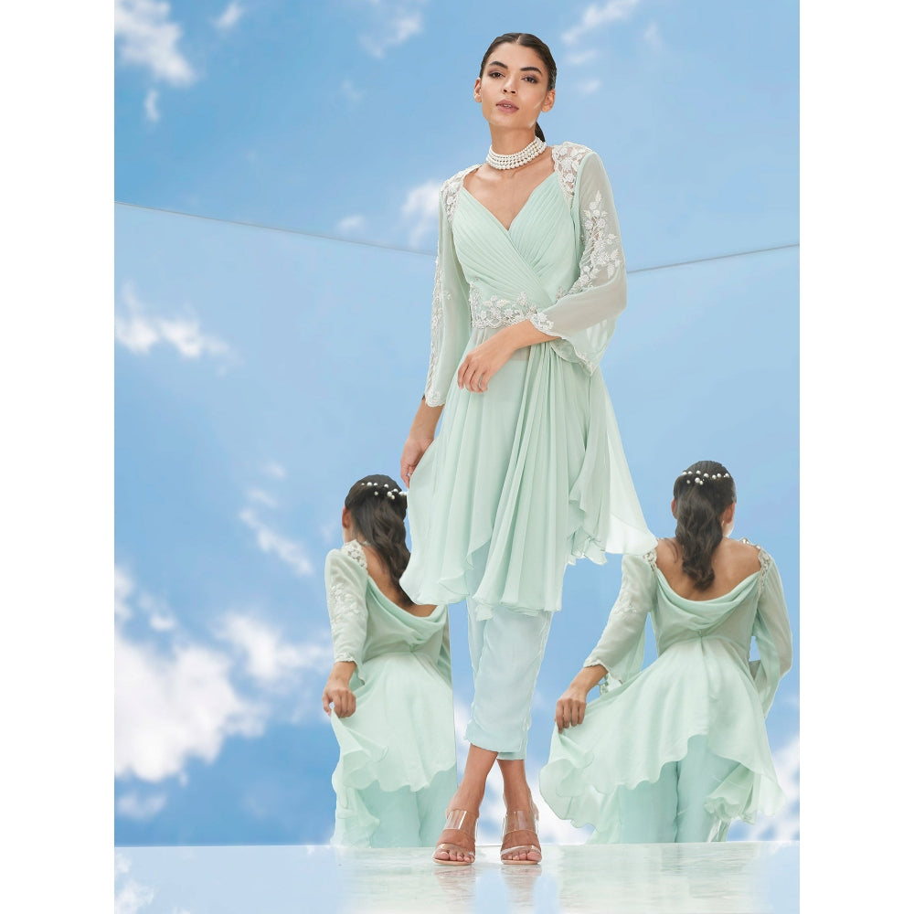 Mandira Wirk Green Dreamy Pearl Embroidered Ggt Drape Top With Pant (Set of 2)