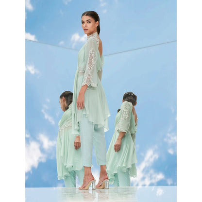 Mandira Wirk Green Dreamy Pearl Embroidered Ggt Drape Top With Pant (Set of 2)