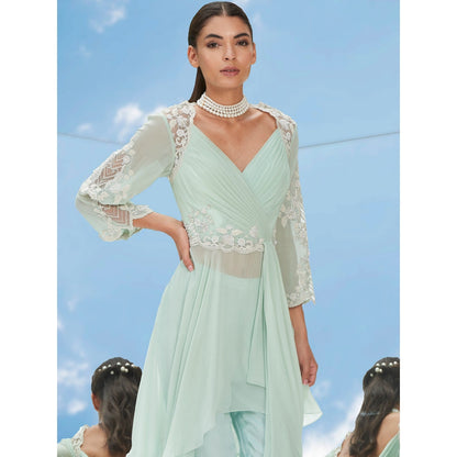 Mandira Wirk Green Dreamy Pearl Embroidered Ggt Drape Top With Pant (Set of 2)