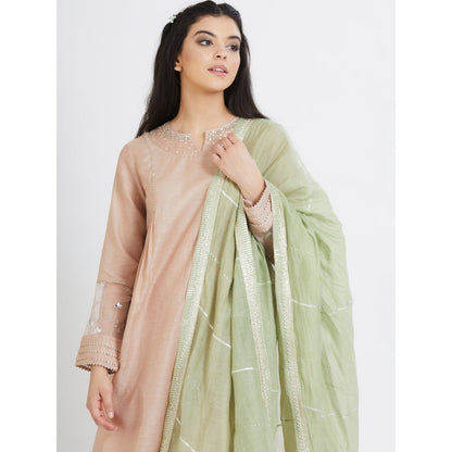 MANDIRA WIRK Nude Pleated Tunic With Palazzo With Dupatta (Set Of 3)