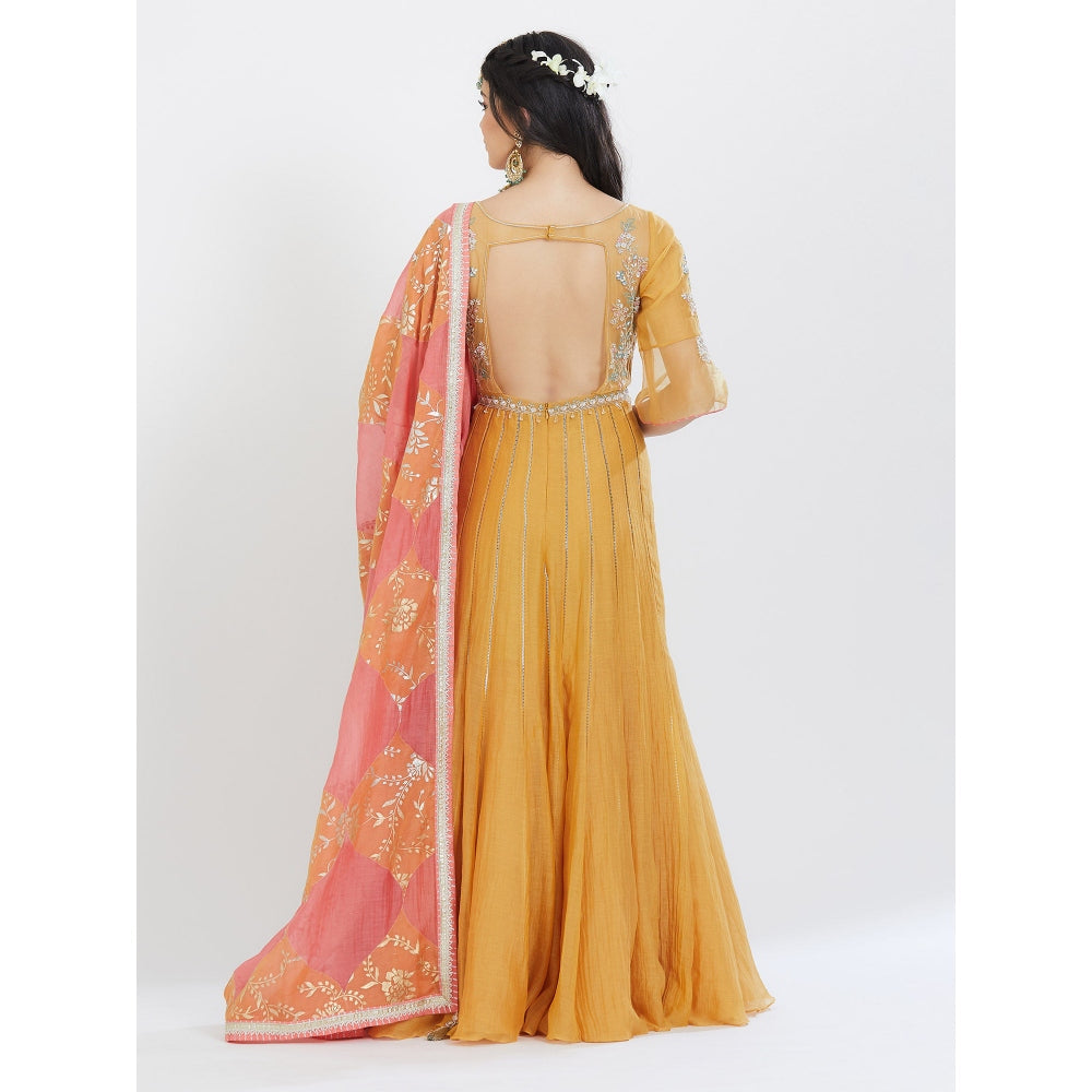 MANDIRA WIRK Yellow Embroidered Anarkali (Set Of 3)