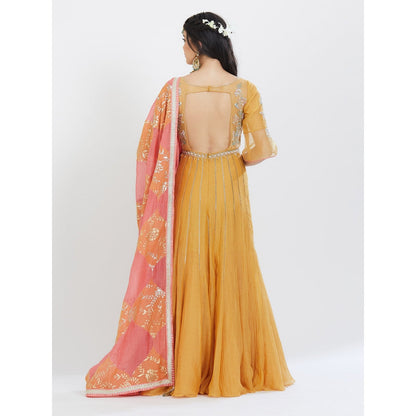 MANDIRA WIRK Yellow Embroidered Anarkali (Set Of 3)
